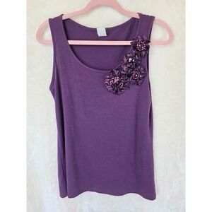 Agenda Womens Purple Embellished Rosette Tank Top Medium M23188 Scoop Neck Gem
